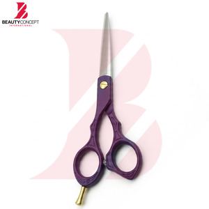 Ciseaux de barbier professionnels en acier inoxydable avec manche en plastique texturé violet et vis de tension dorée - Product Image 3