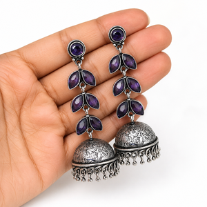 Oxidized <b>Silver</b> Purple Marquise Stone Long Jhumka <b>Earrings</b> Handmade Indian Statement Drop <b>Earrings</b> Wholesale - Product Image 4