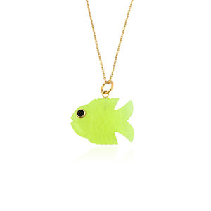 Artisan prehnite jade carved <b>fish</b> charm pendant jade black cz eye 18k gold plated brass adjustable necklace summer <b>gift</b> for her - Product Image 1
