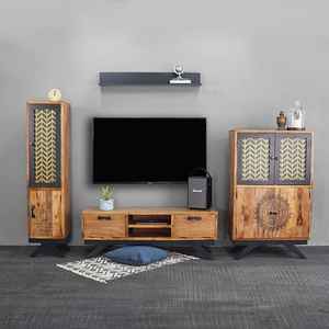 Meuble TV en bois de manguier, console de divertissement sculptée à la main, meuble de rangement rustique européen pour salon - Product Image 3