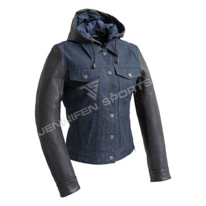 Veste de moto d'hiver coupe-vent pour femme en denim et cuir, avec capuche, fermeture à boutons, coupe ajustée, grandes tailles, poches poitrine. - Product Image 1