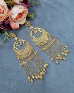 Designer Peacock Motif Chandbali Long Tassel Pearl Chandelier <b>Earrings</b> Traditional Ethnic Festive Wear <b>Fashion</b> <b>Earring</b> Wholesale - Product Image 1