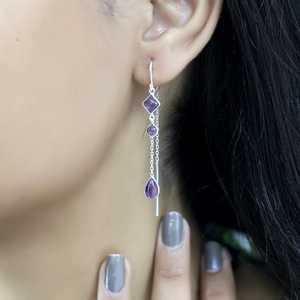 Pendientes Largos de Plata de Ley 925 con Amatista, Cadena Larga con Colgante de Piedra Preciosa Morada, Joyería de Exportación de la India - Product Image 4