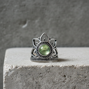 Moonleaf Prehnite Lotus Crown <b>Ring</b> <b>Silver</b> Plated Brass Bezel Setting Bohemian Style Natural Gemstone Artisan Jewelry - Product Image 6