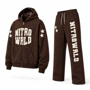 Survêtement streetwear premium pour homme, avec appliqué personnalisé effet vieilli, respirant, 100% coton, sweat à capuche zippé, taille élastique, pantalon large, design 2-en-1 - Product Image 2
