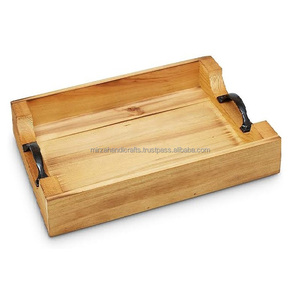 Plateau de service rectangulaire en bois massif, pour aliments, le café, avec poignée en métal pour la décoration - Product Image 3