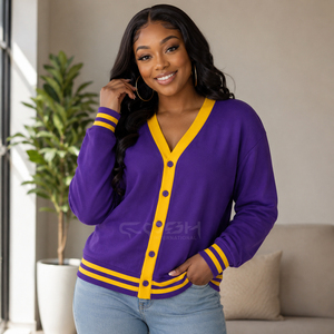 Cosh International Sisterhood Sorority <b>Purple</b> Yellow V-Neck Knitted <b>Cardigan</b> Long Sleeve Casual Women's Solid Color Button Front - Product Image 5