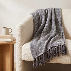 Charcoal Grey Slub Cotton <b>Throw</b> 130x170 cm with Handloom Texture and Fringe <b>for</b> Sofa <b>Chair</b> and Modern Home Interiors - Product Image 1