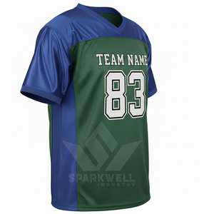 Custom Men's American Football Jersey V-Neck Short Sleeve Green Blue Mesh Polyester Moisture Wicking Sublimated Team Uniform - Product Image 3