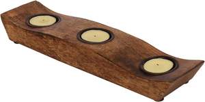 Portavelas de madera artesanal con tres inserciones redondas de metal, centro de mesa de decoración rústica estilo granja para comedor. - Product Image 3