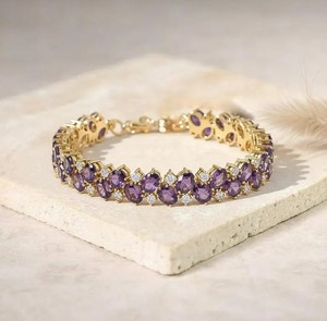 Oval Cut Amethyst and Moissanite Stone <b>Charm</b> <b>Bracelet</b> in 925 Sterling <b>Silver</b> Gold Plated Luxury Handmade Fine Jewelry - Product Image 2