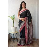 Sari imprimé élégant en lin avec chemisier en lin de qualité supérieure pour femmes modernes, provenant d'un fournisseur indien pour l'exportation en gros