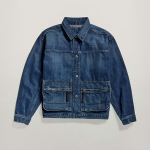 Men's Blue Denim <b>Jacket</b> Workwear Style Turn-down Collar <b>Zipper</b> <b>Pockets</b> Washed Cotton Autumn Regular Fit Custom logo - Product Image 3