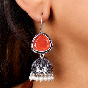 Oxidized <b>Silver</b> <b>Earrings</b> Orange Gemstone Indian Jhumka <b>Earrings</b> for Women - Product Image 3