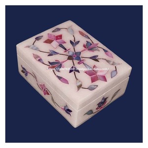 Coffrets cadeaux de bijoux en nacre de marbre blanc fabriqués à la main mélange artisanat en pierre bleue rose avec incrustation de velours petits cadeaux en pierre - Product Image 3