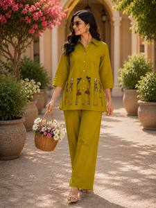 Conjunto de Kurti y Palazzo de Algodón Verde Oliva para Mujer con Estampado a Mano, Corte Holgado, Estilo Casual de Verano, Estilo India-Pakistán - Product Image 5