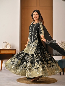 Elegant vichitra silk sharara palazzo suit with <b>sequins</b> embroidery full sleeves <b>top</b> and matching dupatta graceful ethnic festive - Product Image 3