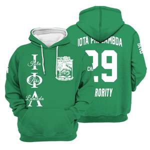Sweat à capuche personnalisé de la sororité Iota Phi Lambda, vert émeraude, lettres grecques sur le devant, écusson et année au dos, style pull-over - Product Image 3