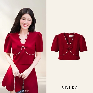 Women's <b>Red</b> V-Neck Cap Sleeve Blouse With Bow Detail Elegant <b>Crop</b> <b>Top</b> For Party Spring Summer Style THETIS - Product Image 1