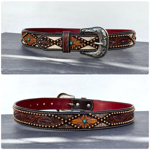 Ceinture Western de luxe, sculptée à la main, motif feuille de cowboy, avec boucle en laiton à motifs floraux, longueur personnalisée - Product Image 2
