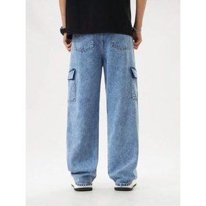 Jean cargo en denim bleu glace style rétro pour femme, 100 % coton, écologique, respirant, taille haute, thème vintage, pantalon tendance - Product Image 3