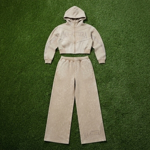Conjunto Deportivo Casual de Dos Piezas para Mujer: Sudadera Corta con Cierre y Pantalones Anchos Lavados - Product Image 6