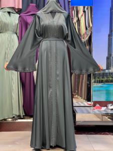 2026 New V Neck Long Sleeve Floor Length Modest Polyester Handmade <b>Flared</b> Hem Abaya Beaded Detail Women's Traditional Muslim - Product Image 3