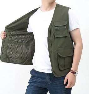เสื้อกั๊กตกปลาผู้ชายสีเขียวมะกอก หลายกระเป๋า ซิปปิด แห้งเร็ว เสื้อกั๊กอเนกประสงค์กลางแจ้ง สีพื้น สไตล์ทหาร - Product Image 3