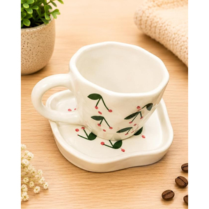 แก้วกาแฟเซรามิกเพ้นท์ลายเชอร์รี่พร้อมถาดสไตล์นอร์ดิก ทนความร้อน สำหรับใช้ในบ้าน แก้วกาแฟสวยหรู - Product Image 1