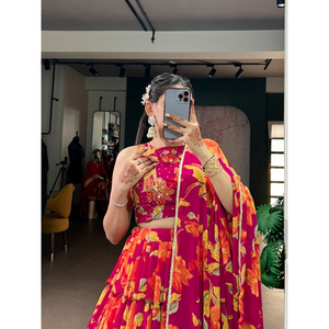 Lehenga Choli de Algodón con Estampado Floral Tradicional para Niñas, con Dupatta, para Bodas y Fiestas Indias - Product Image 3