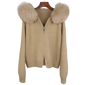 Sweat à capuche zippé en tricot pour femme avec capuche en fourrure de renard, couleur unie, manteau d'hiver à manches longues, longueur standard, vêtement d'extérieur chaud - Product Image 3
