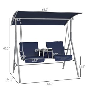 Dondolo a 2 posti con supporto, tettuccio blu scuro, portabicchieri e cuscini per patio o giardino - Product Image 3