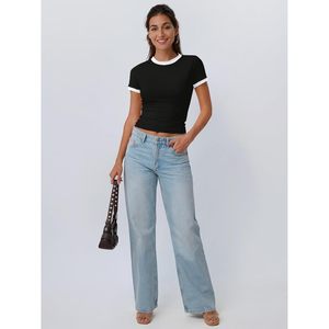 Trendy 2025 Y2K Top corto para mujer Top CORTO BÁSICO con cuello redondo y camisa de manga corta de bloque de color ajustada para el verano - Product Image 3