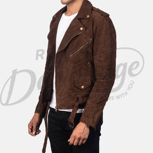 เสื้อแจ็คเก็ตหนังกลับสีน้ำตาลสำหรับผู้ชาย ทรงเข้ารูป สไตล์ไบค์เกอร์ หนังแท้ วินเทจ ซิปหน้า - Product Image 4