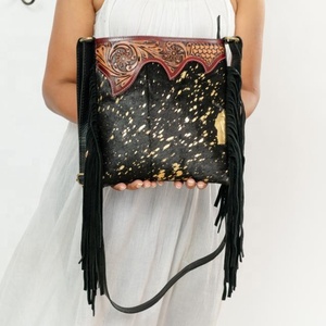 Hand Tooled Leather Handbag Real Cowhide Fringe <b>Sling</b> <b>Bag</b> Carving Bohemian Turquoise Color <b>Sling</b> New Design <b>Bags</b> For Women - Product Image 2