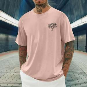 เสื้อยืดคอกลมแขนสั้นสีชมพูสำหรับผู้ชาย พิมพ์ลายต้นปาล์ม ทรงปกติ เสื้อเชิ้ตผ้าฝ้ายเจอร์ซีย์ระบายอากาศได้ดี น้ำหนัก 300 กรัม - Product Image 1
