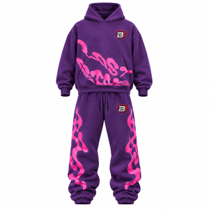 OEM Custom Unisex <b>Purple</b> Flame Print Hoodie Tracksuit Oversized Heavyweight Fleece Streetwear Set - Product Image 2