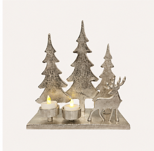 Portavelas de metal plateado con forma de árbol de Navidad y renos, hecho a mano en aluminio, decoración festiva de invierno para mesa. - Product Image 4