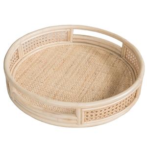 Plateau rond en rotin naturel avec motif en treillis et poignée pour ranger les ustensiles de cuisine ou les décorations pour la maison - Product Image 1