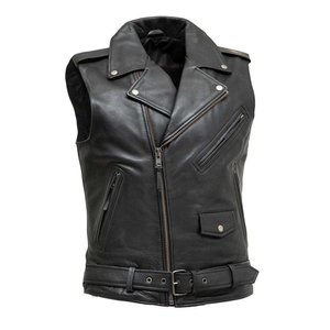 Gilet de motard en cuir véritable pour homme avec fermeture éclair, col rabattable, ceinture, couleur unie, coupe classique - Product Image 6