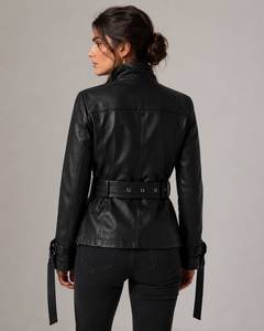 Veste en cuir PU pour femme, style moto vintage, col rabattable zippé, manches longues, écologique, imperméable, couleur unie - Product Image 5