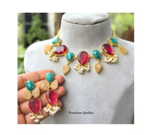 Stylish Stones Look Jewelry <b>Sets</b> For Women With Pearl Look Necklace <b>Earrings</b> <b>Gold</b> Plated Stone Ethnic Wedding Party Wear - Product Image 1