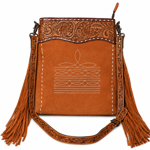 Sac bandoulière en cuir suédé véritable Western avec franges en cuir floral travaillées à la main, sangle réglable, sac à main tendance pour femme - Product Image 1