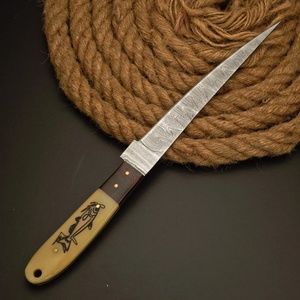 Couteau à fileter artisanal en acier Damas, pointe tombante, manche en bois et os, étui en cuir, survie, chasse professionnelle, personnalisable OEM - Product Image 5