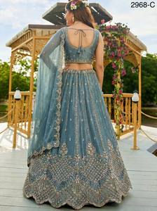 Blue Embroidered <b>Net</b> Lehenga Set Sleeveless Crop <b>Top</b> Dupatta Wedding Banquet Ethnic Wear - Product Image 4