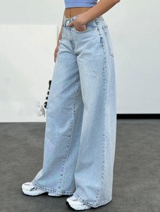 Jean en denim droit taille mi-haute pour femme avec logo personnalisé, respirant, écologique, délavage clair, style streetwear décontracté - Product Image 4