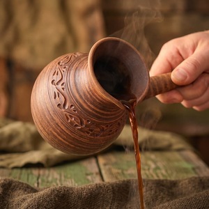 Cafetera Turca de Cobre Alabanza Cezve Vintage con Grabado, Forma de Barriga, con Asa y Juego de Cucharas - Product Image 3