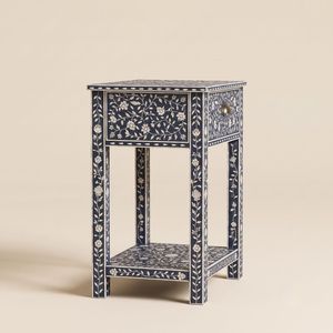 Table de chevet de luxe bleu marine avec incrustations en os, 1 tiroir, motif clé grecque, meuble de chevet indien fait main pour chambre à coucher - Product Image 4
