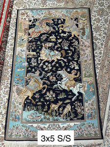 พรมเปอร์เซียผ้าไหมปักสีดำทำด้วยมือสำหรับห้องนั่งเล่นและห้องนอน - Product Image 5