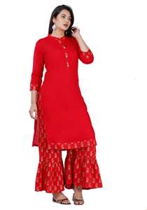 Ensemble Salwar Kameez en coton imprimé feuilles rouges pour femme, col en V, manches trois quarts, longueur mollet, séchage rapide, idéal pour mariage et fête estivale - Product Image 2